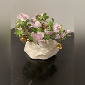 VTG Prosperity Tree Brass bells & light purple Fabric Flowers w/marble Base